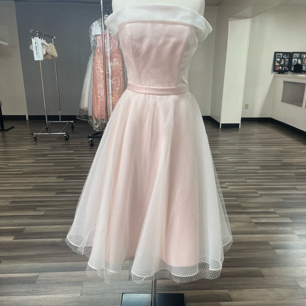 Elegant Blush Pink Off-Shoulder Tea-Length Wedding Dress